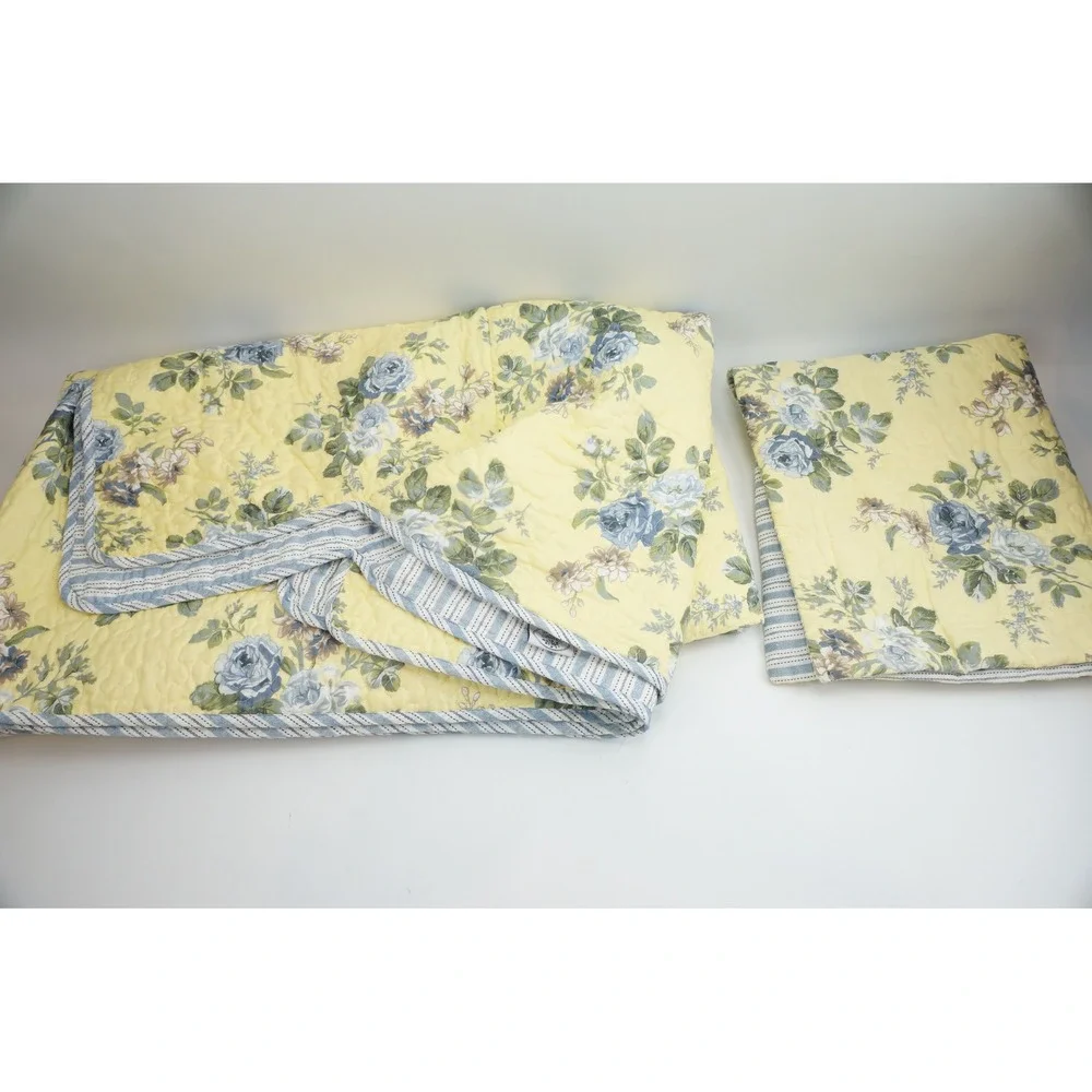 Laura Ashley Linley Quilt Set Standard Yellow Blue Floral Striped Reversible EUC